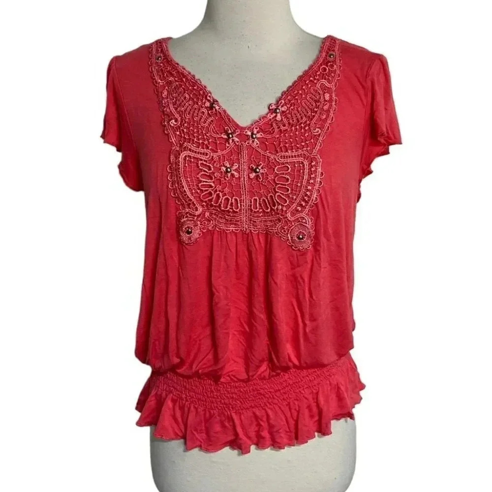 One‎ World Top Medium Coral Pink Crochet Lace Butterfly Smocked Hem Boho Blouse
